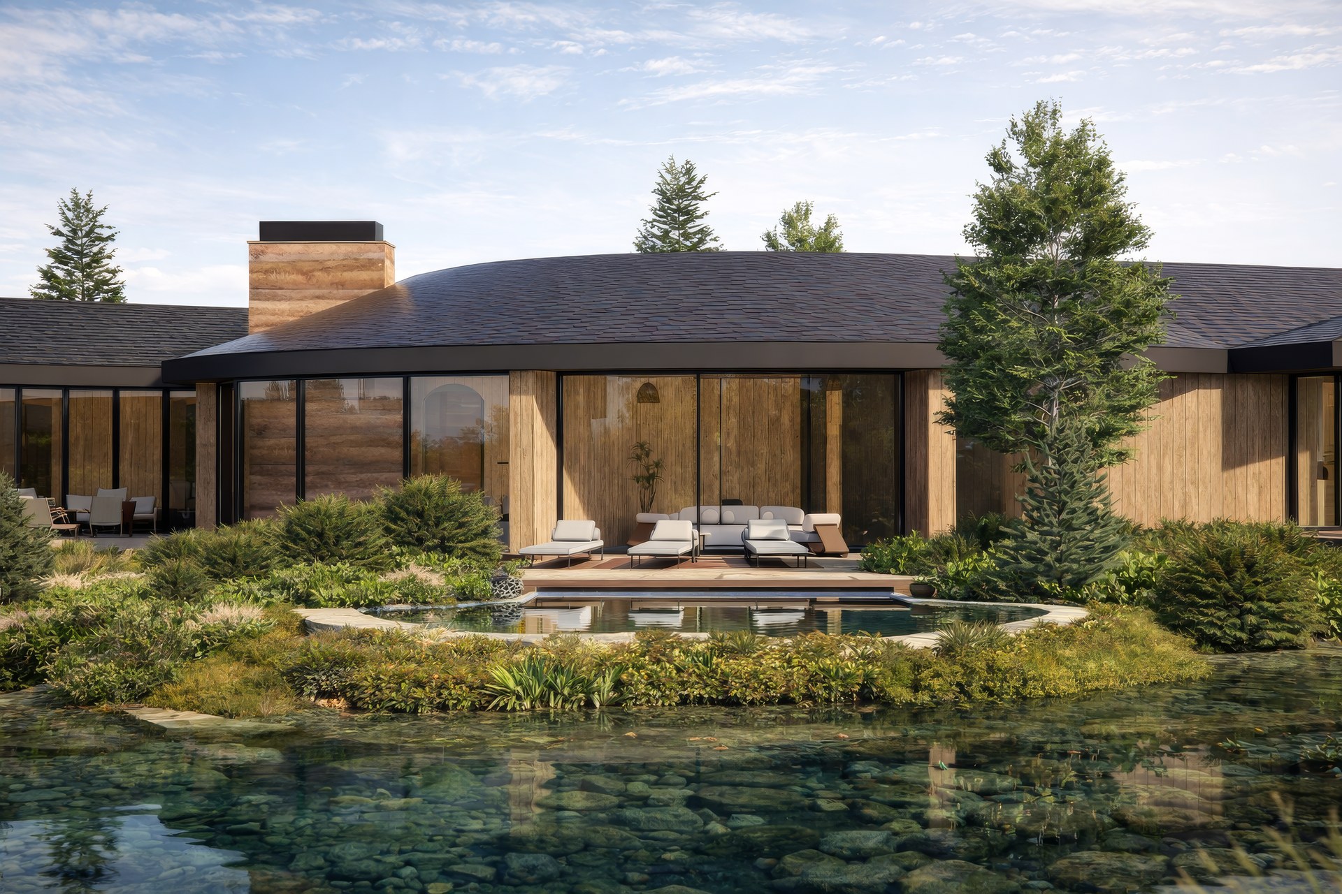 Curvilinear — courtyard and pond