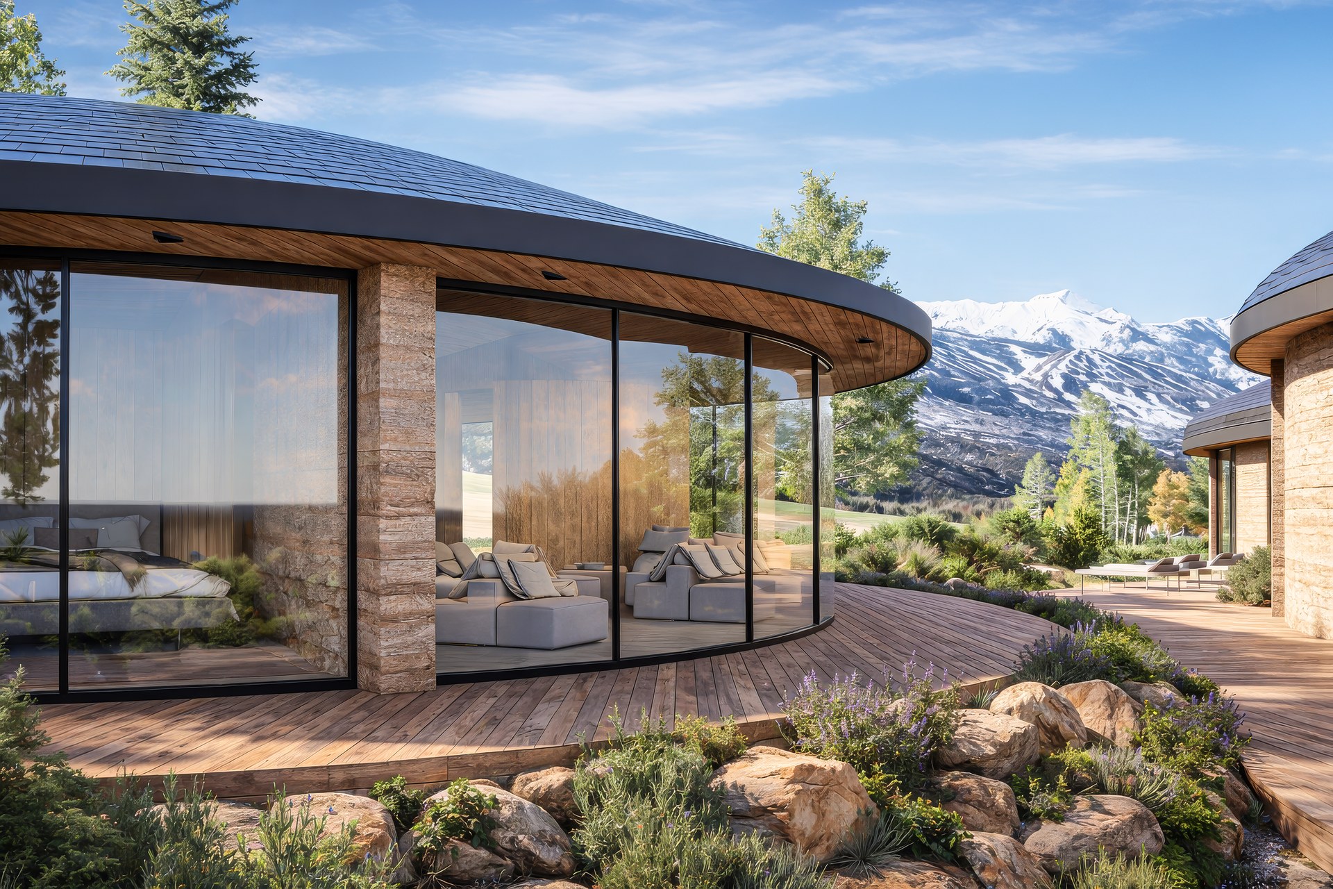 Curvilinear — glass pavilion with mountain view