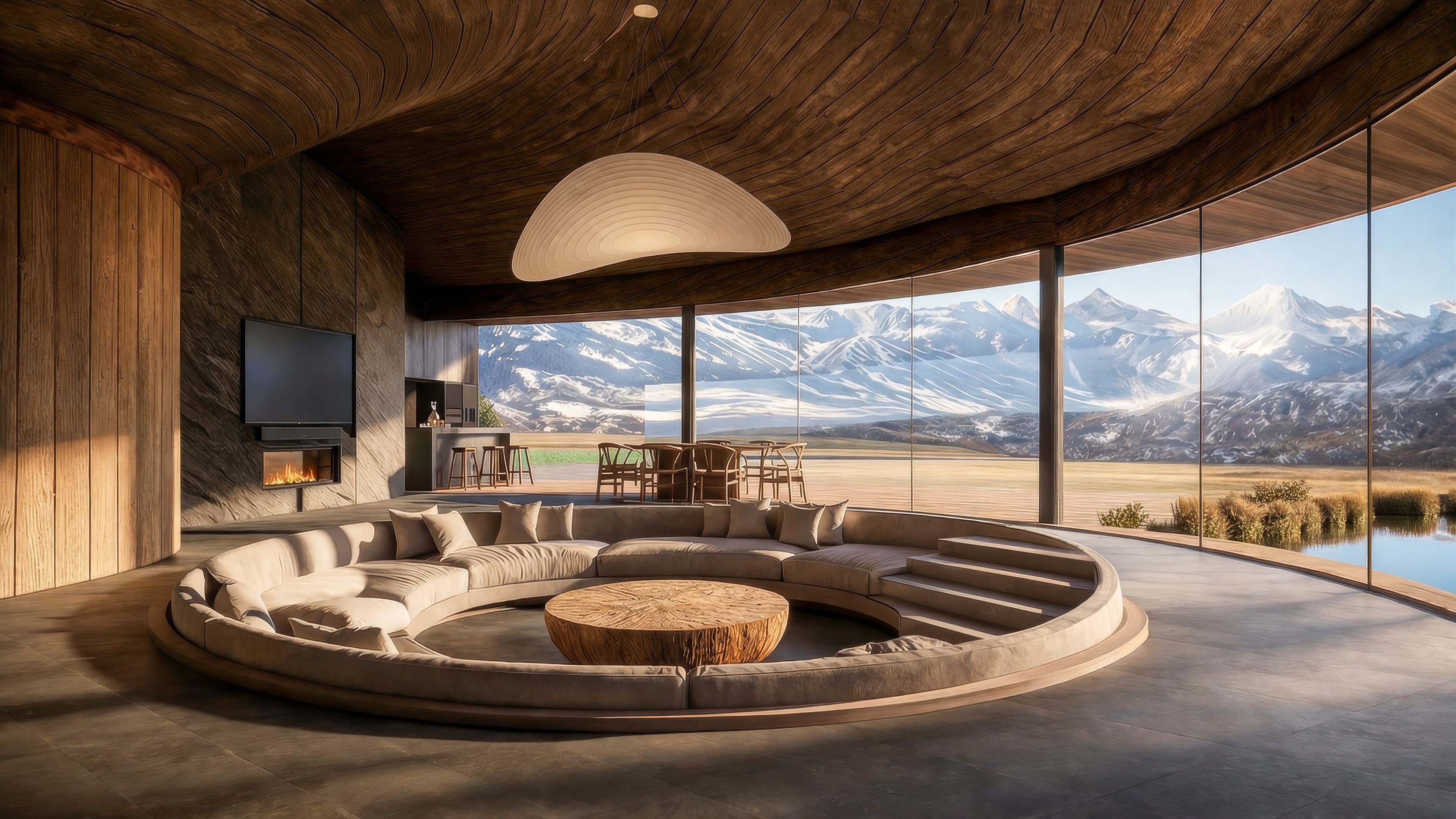 Interior view — mountain panorama through floor-to-ceiling glass