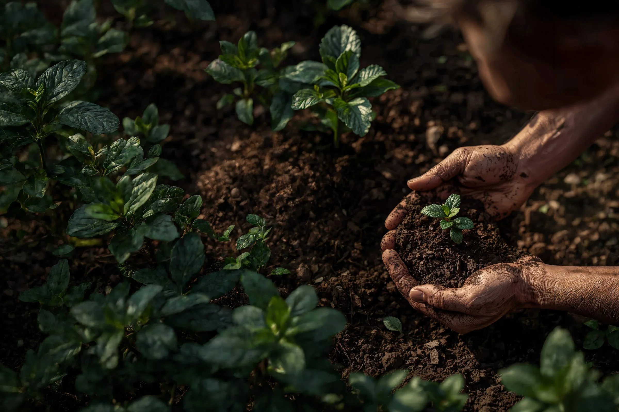 Manos, suelo fértil y una plántula — alimento a escala comunitaria