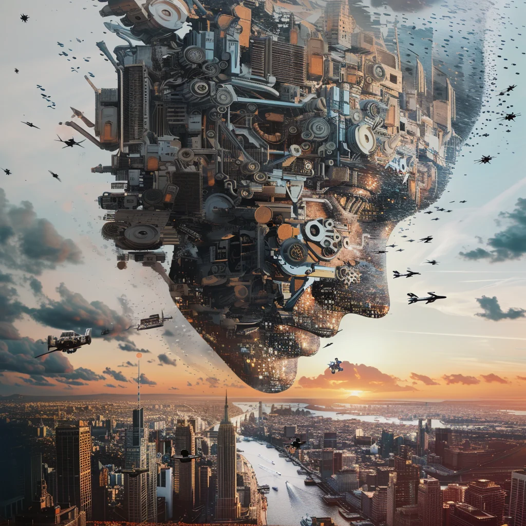 A human profile built from machinery and surveillance over a city