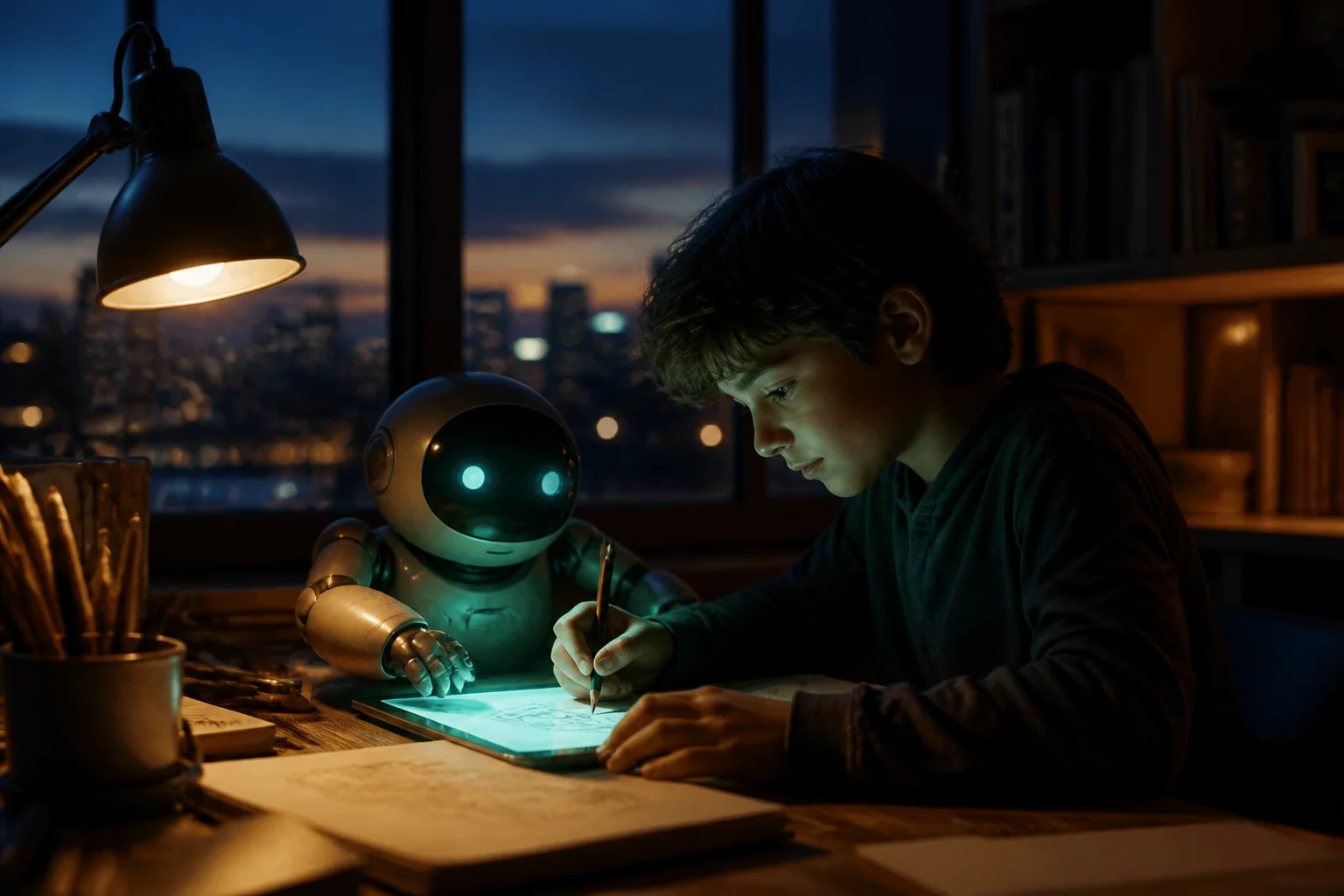 A young person and a robot companion sketching together by lamplight