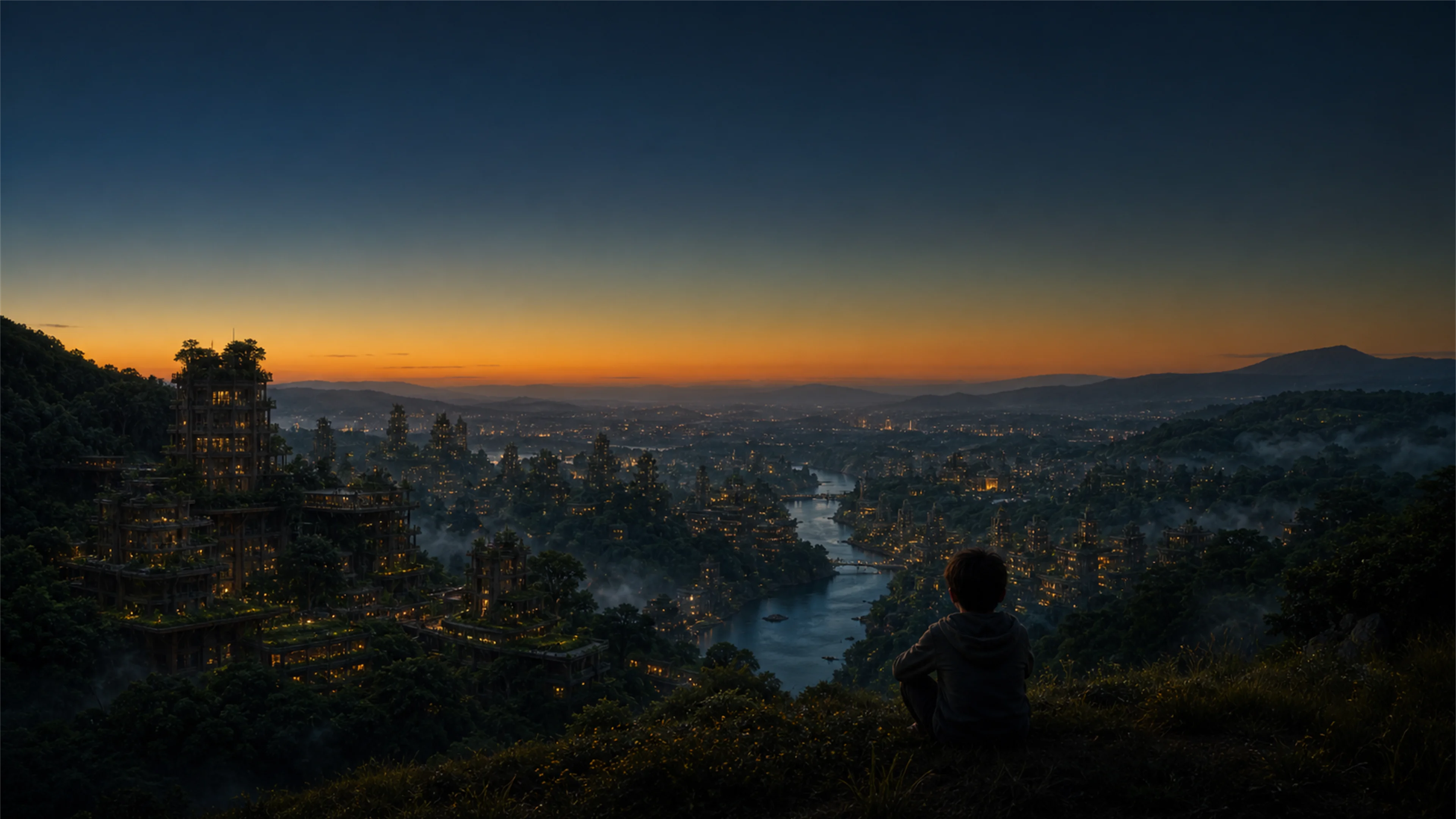 A boy on a hillside at dusk overlooking a regenerative city woven into forest and river